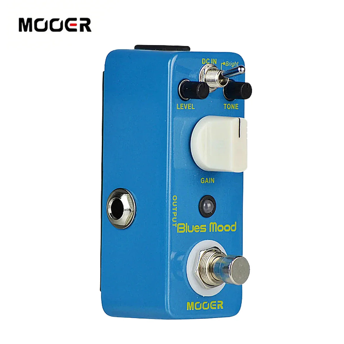 Mooer blue mood overdrive guitar pedal in blue with true bypass, black knobs, white footswitch, and metal shell