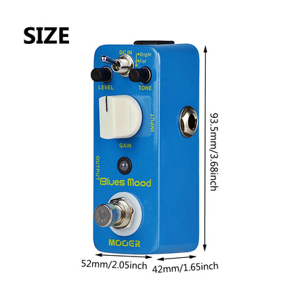 Mooer blue mood overdrive guitar pedal in blue with white knobs true bypass and full metal shell for blues style tones
