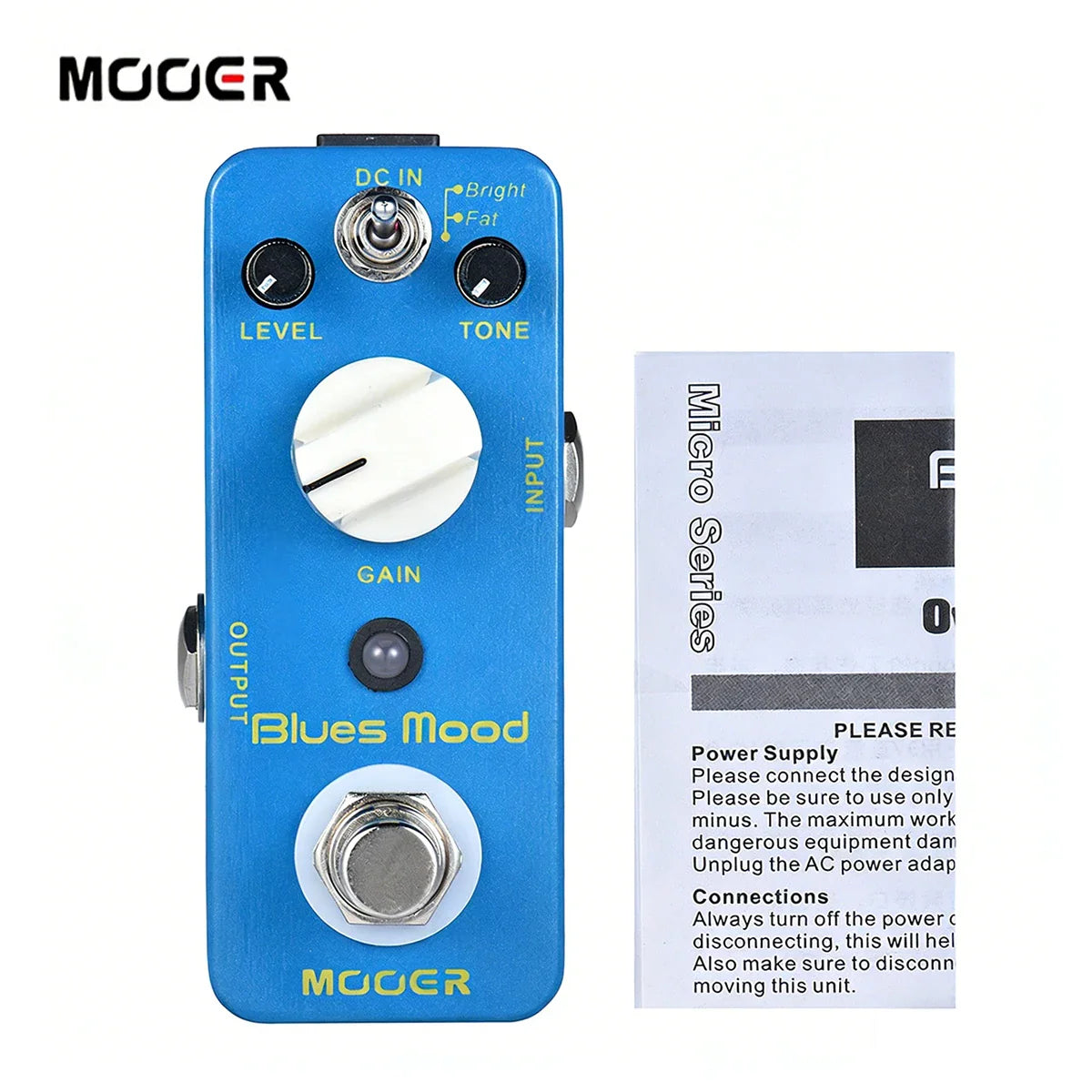 Mooer blue mood overdrive guitar pedal in blue with white knobs true bypass and full metal shell for blues style