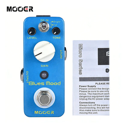 Mooer blue mood overdrive guitar pedal in blue with white knobs true bypass and full metal shell for blues style