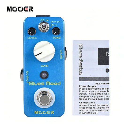 Mooer blue mood overdrive guitar pedal in blue with white knobs true bypass and full metal shell for blues style