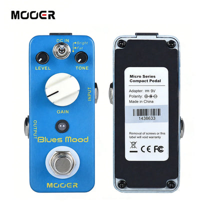Mooer blue mood overdrive guitar pedal in blue with true bypass, white knobs, silver footswitch, and full metal shell