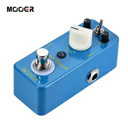 Mooer blue mood blues style overdrive guitar pedal with true bypass, white and black knobs, full metal shell