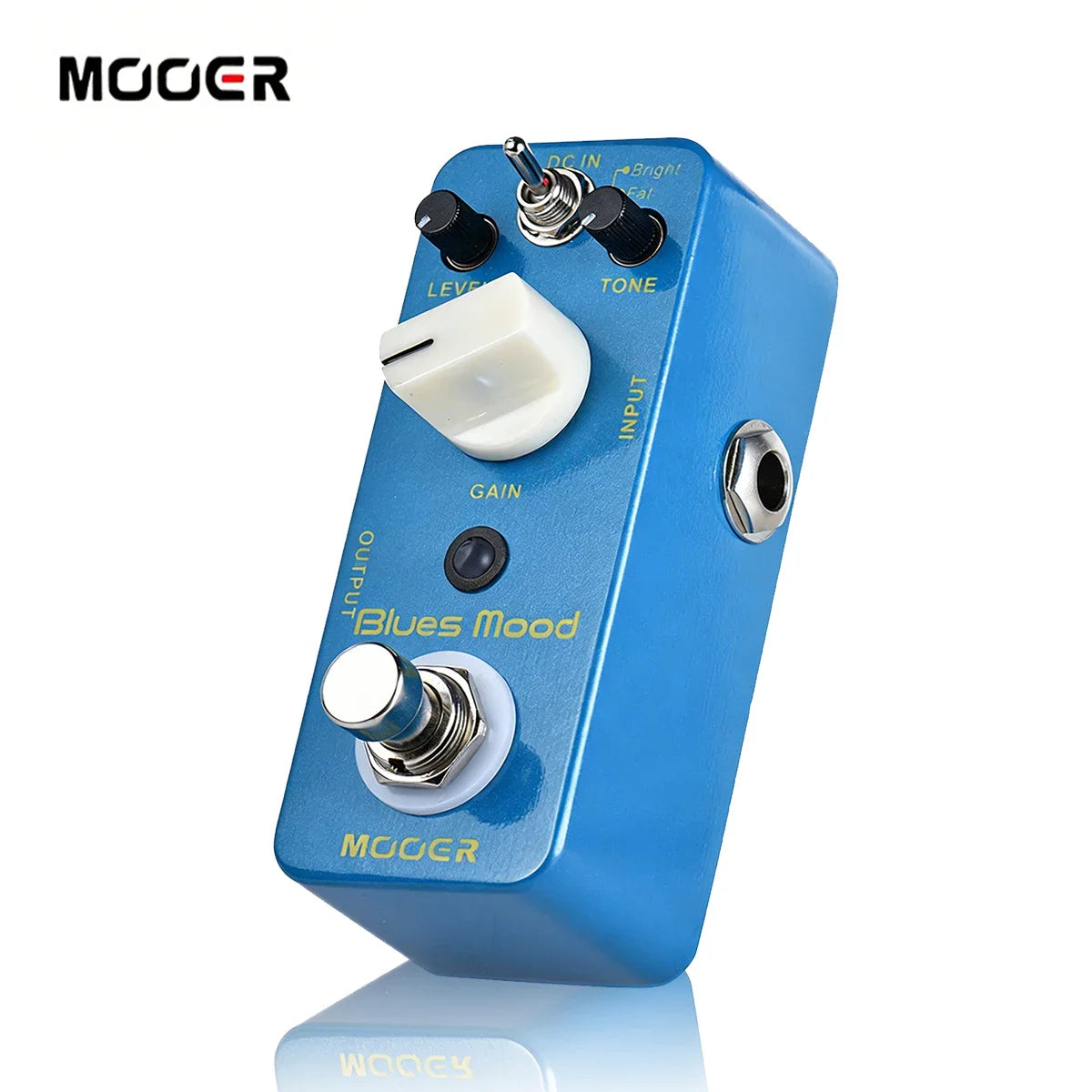 Mooer blue mood overdrive guitar pedal with true bypass, blue metallic shell, white and silver knobs, and gold lettering