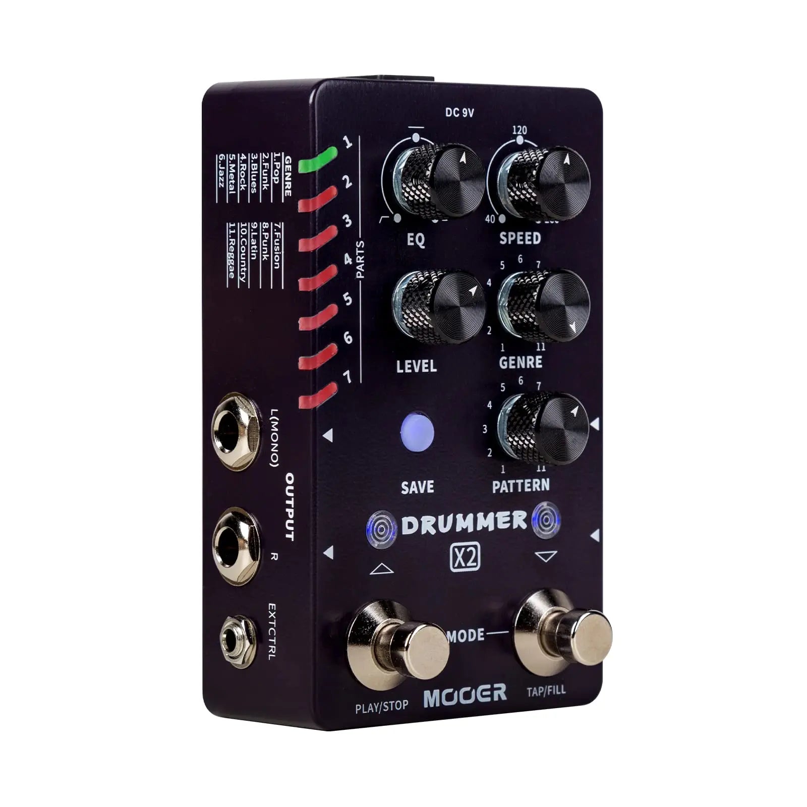 Black mooer drummer x2 professional stereo multi drum machine pedal with silver knobs red led pattern indicators