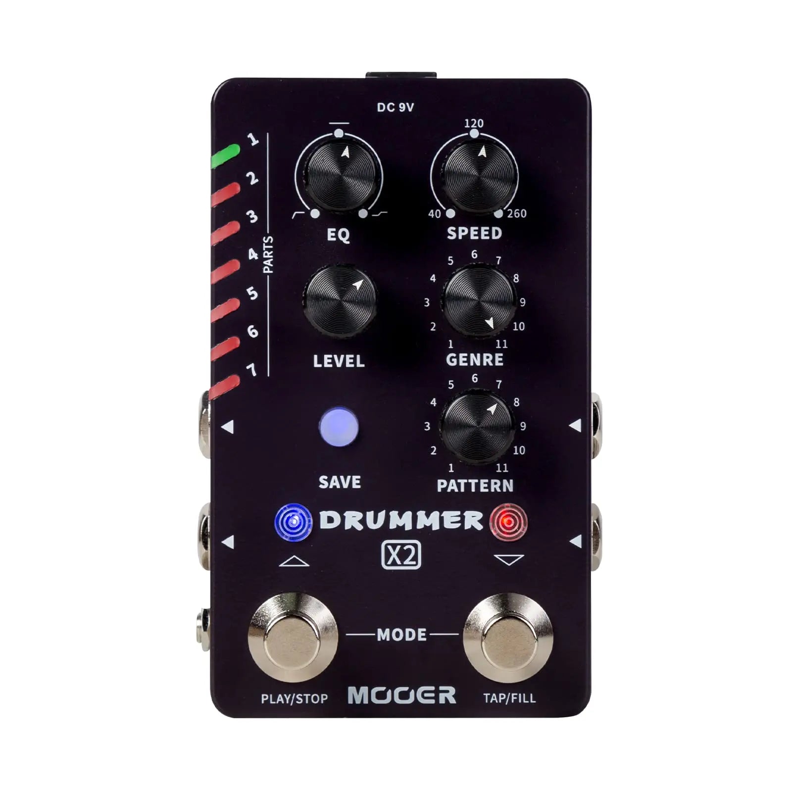 Black mooer drummer x2 drum machine pedal with multiple knobs footswitches features tap tempo and drum grooves functions