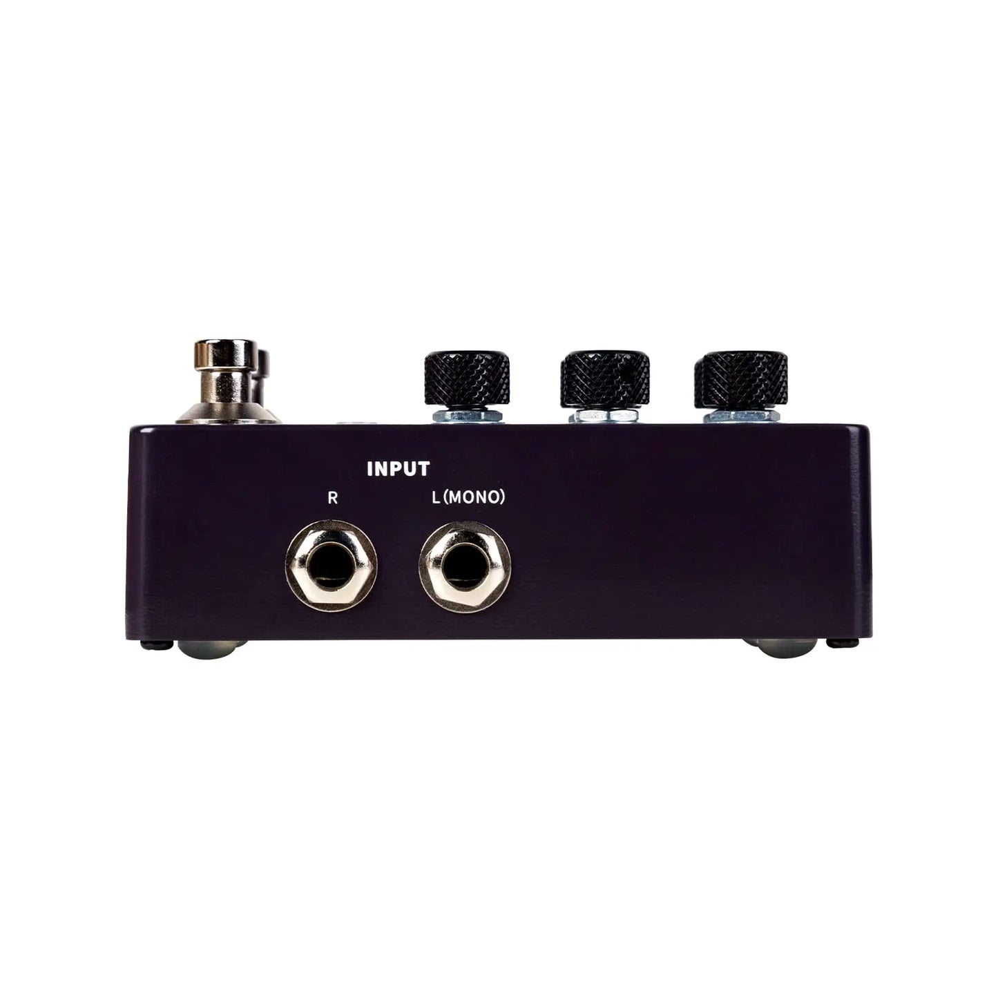 Purple mooer drummer x2 drum machine with three black knobs tap tempo and stereo input jacks for drum grooves