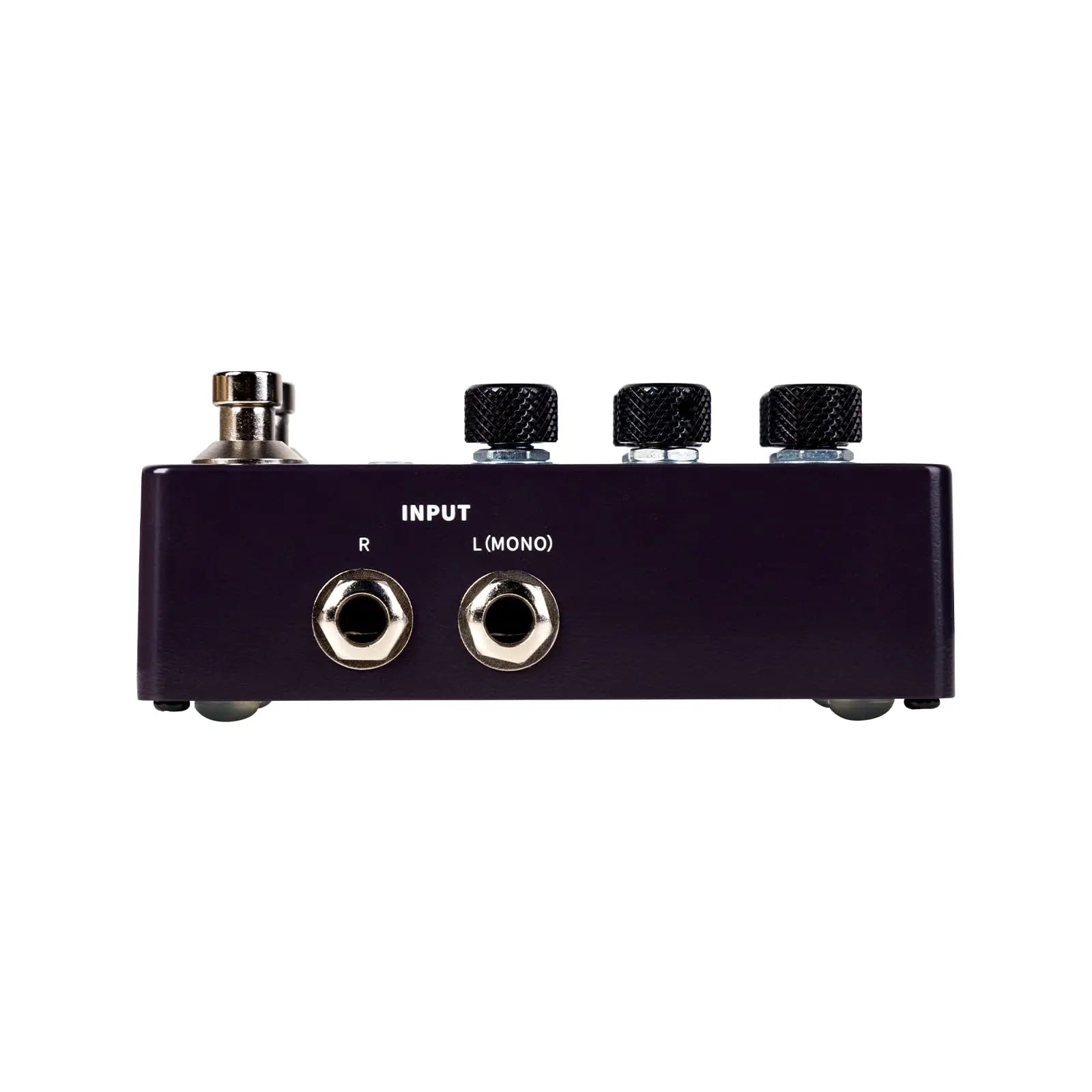Purple mooer drummer x2 professional stereo multi drum machine pedal with three black knobs and silver r and l jacks