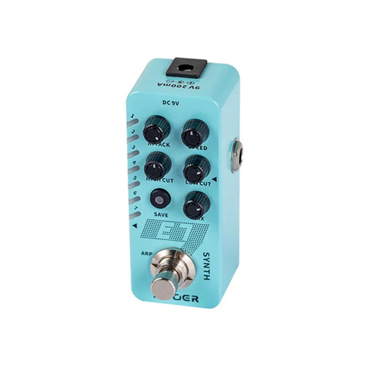 Light blue metal mooer e7 synth guitar pedal with black knobs and individual arpeggiator for bits edm pad tones