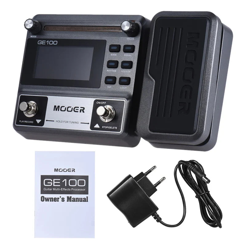 Black mooer ge100 guitar multi-effects processor with digital display, foot pedal, loop record tuning, and chord lesson features
