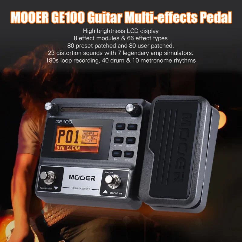 Mooer ge100 guitar multi-effects processor with black silver metallic body and orange-lit lcd screen showing loop record tuning settings
