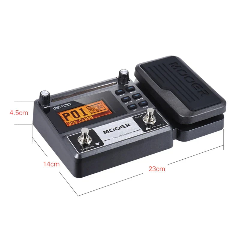 Black mooer ge100 guitar multi-effects pedal with digital display knobs featuring loop record tuning and chord lesson functions