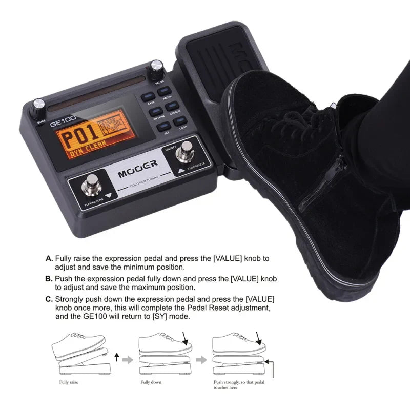 Black mooer ge100 guitar multi-effects processor with orange digital display silver knobs and loop record tuning features