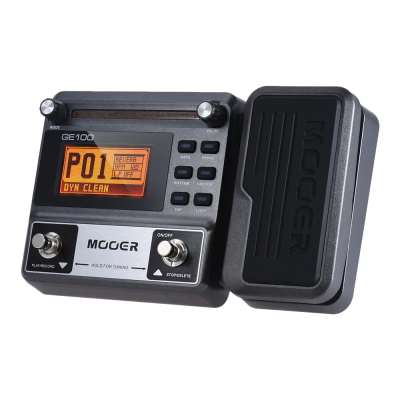 Black mooer ge100 guitar multi-effects pedal with digital display, silver knobs, loop record tuning, and chord lesson features