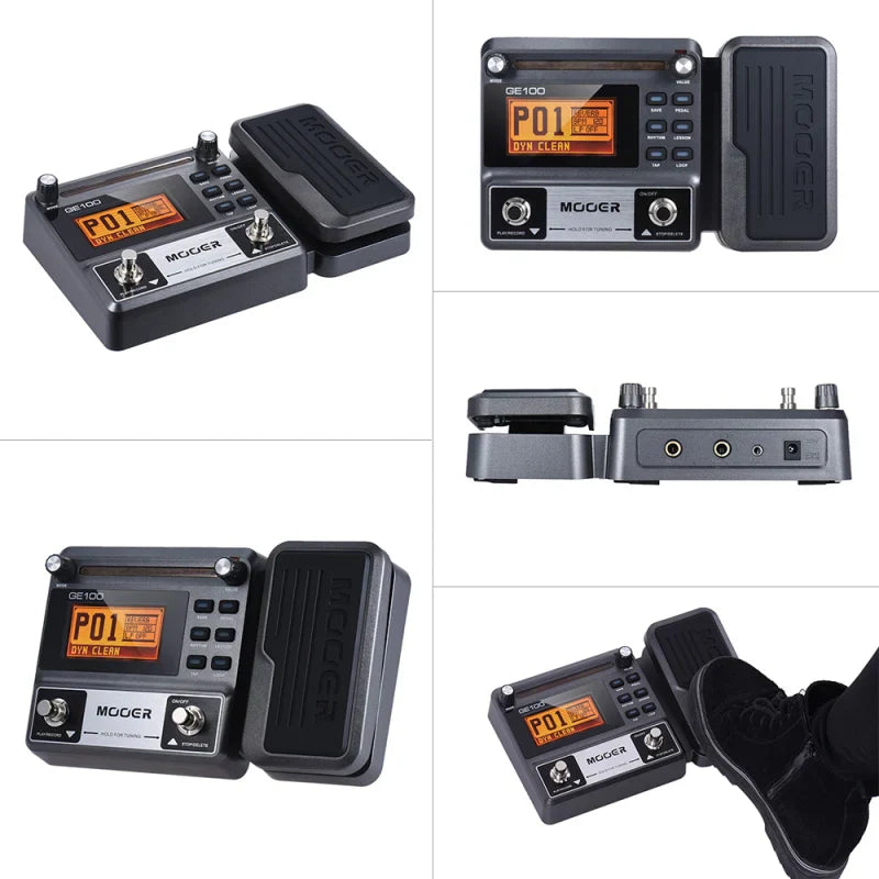 Black mooer ge100 guitar multi-effects pedal with orange digital display and knobs featuring loop record tuning and chord lesson functions
