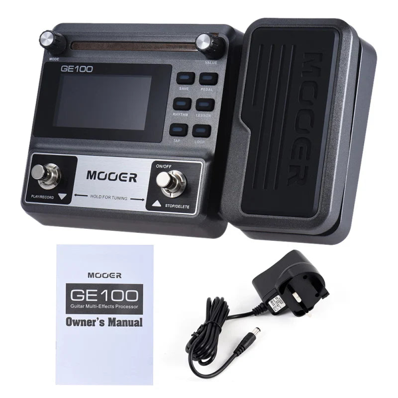 Black mooer ge100 guitar multi-effects processor with digital display knobs foot pedal featuring chord lesson loop record tuning