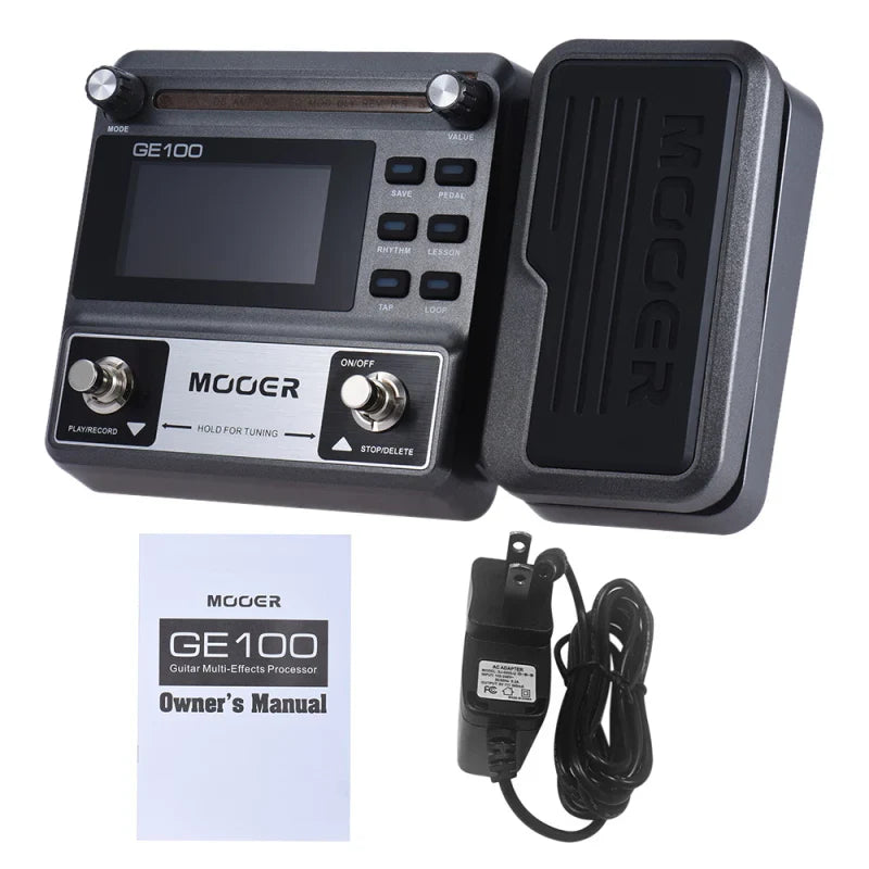 Black Mooer GE100 guitar multi-effects processor with digital display and foot pedal featuring chord lesson and loop record tuning functions