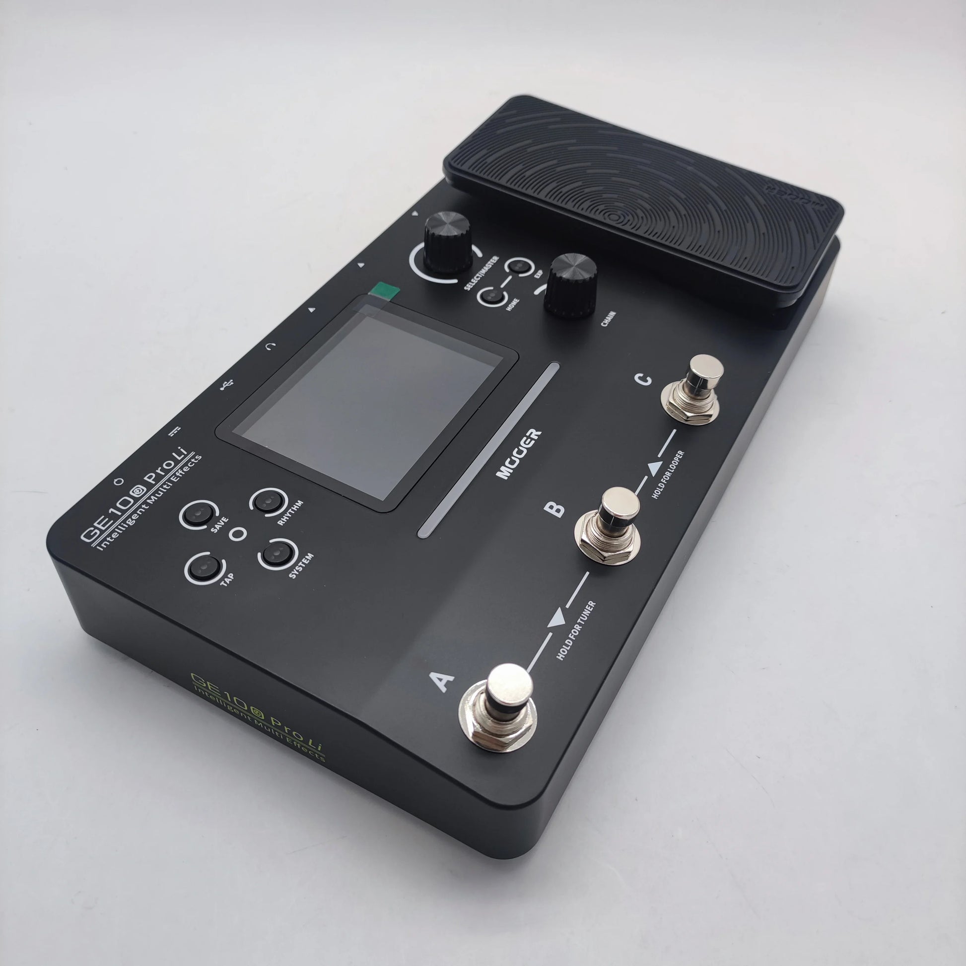 Black Mooer ge100 pro ii guitar effects pedal with touchscreen, three footswitches, two knobs, and textured footpad for performances