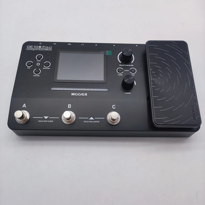 Black moocer ge100 pro ii intelligent multi-effects pedalboard with screen silver footswitches and integrated expression pedal