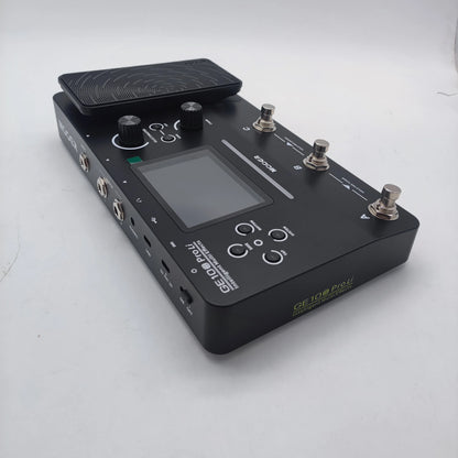 Black mooer ge100 pro ii intelligent multi effects pedal with touchscreen display three silver footswitches and rotary knobs