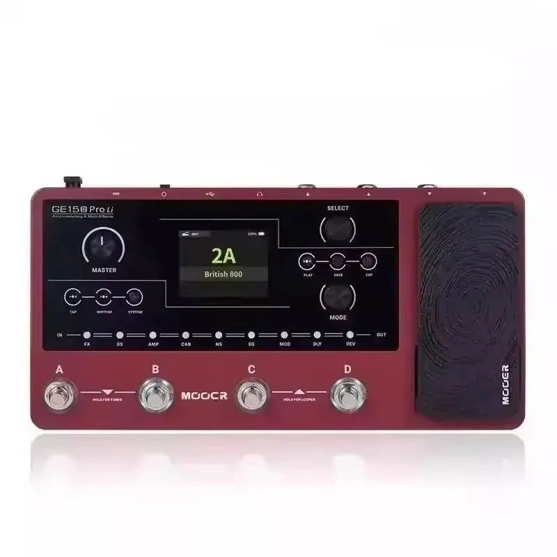 Maroon mooer ge150 pro guitar pedal with black control panel silver footswitches and high-quality cabinet simulations
