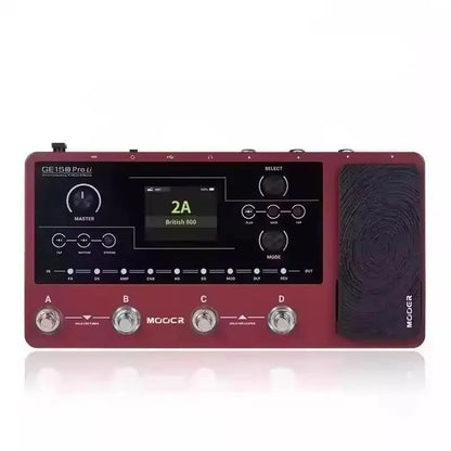 Maroon mooer ge150 pro guitar pedal with black control panel silver footswitches and high-quality cabinet simulations