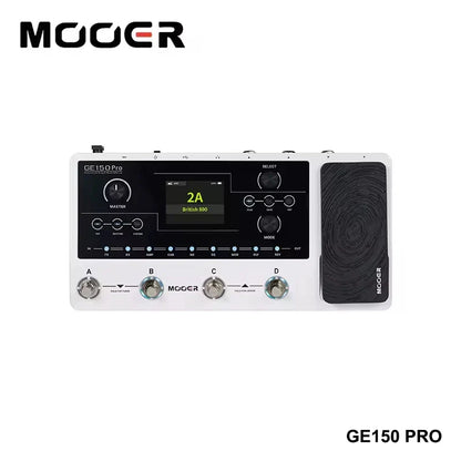 White mooer ge150 pro guitar pedal with black control panel and digital display featuring high-quality cabinet simulations