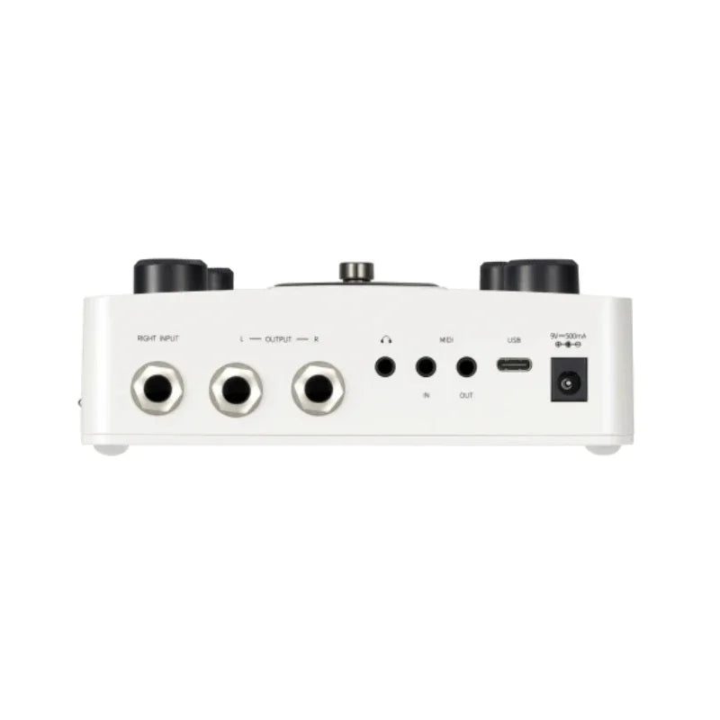 Back side of white mooer gl200 groove loop series audio interface with black knobs usb-c port and power input