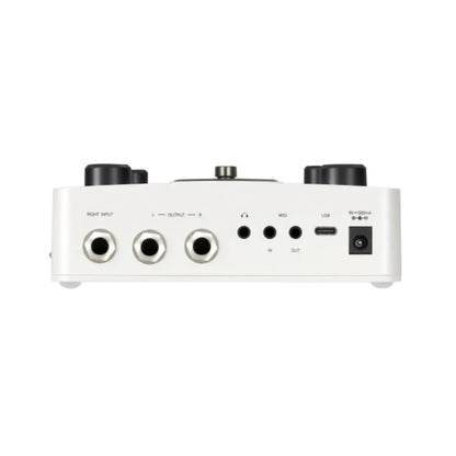 Back side of white mooer gl200 groove loop series audio interface with black knobs usb-c port and power input