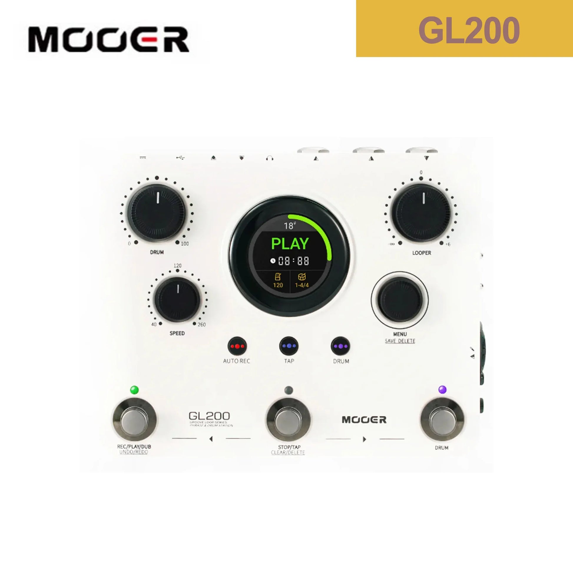 Mooer gl200 white drum machine with black knobs and circular green digital display for groove looping and midi sync
