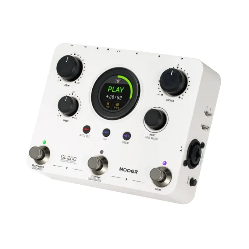 Mooer GL200 groove loop white drum machine with black knobs and circular green-lit display for multi-device sync