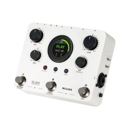 Mooer GL200 groove loop white drum machine with black knobs and circular green-lit display for multi-device sync