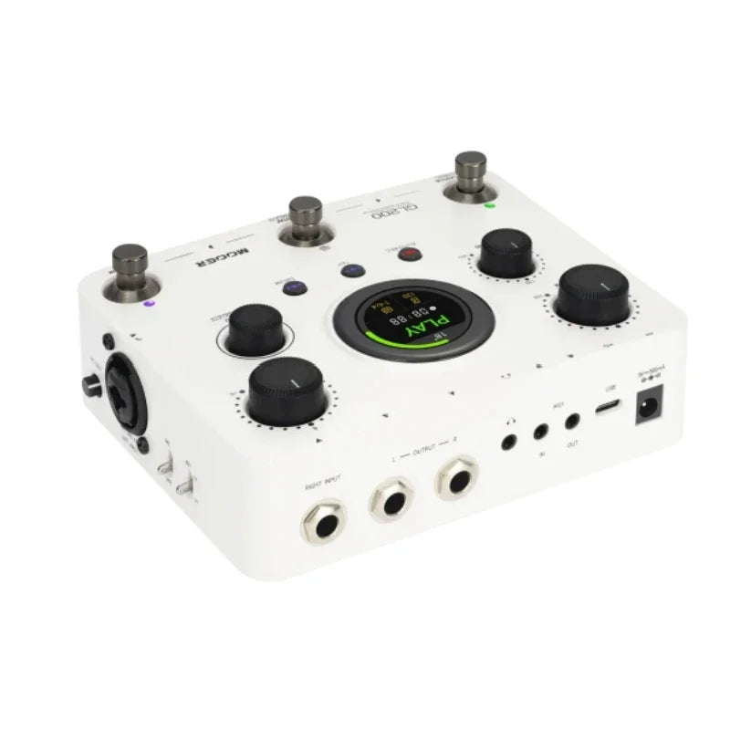 Mooer gl200 groove loop series phrase and drum station with white q1-300 audio interface featuring black knobs silver inputs and green-lit display