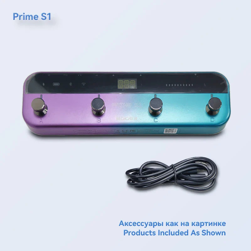 Prime s1 guitar pedal with purple to blue metallic finish, four silver knobs, and mono audio jack for versatile use