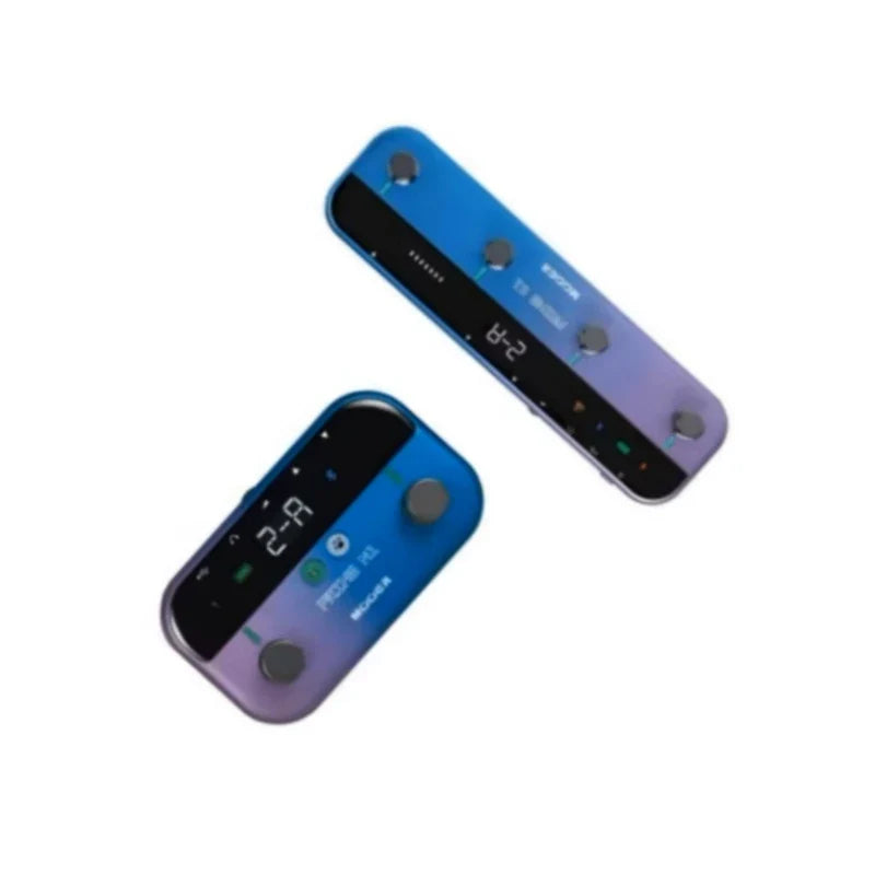 Blue and purple gradient wireless bluetooth speakers with digital displays and mono audio jack for audio jack connectivity