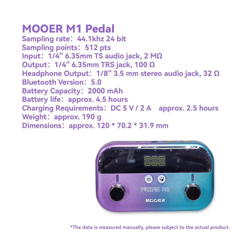 Mooer m1 guitar pedal with sleek purple-to-blue metallic finish, two black knobs, and mono audio jack for effects