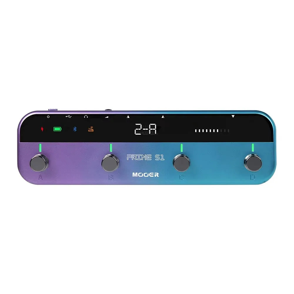 The mooer prime s1 guitar pedal features a purple-to-blue gradient finish with four silver knobs and mono audio jack support