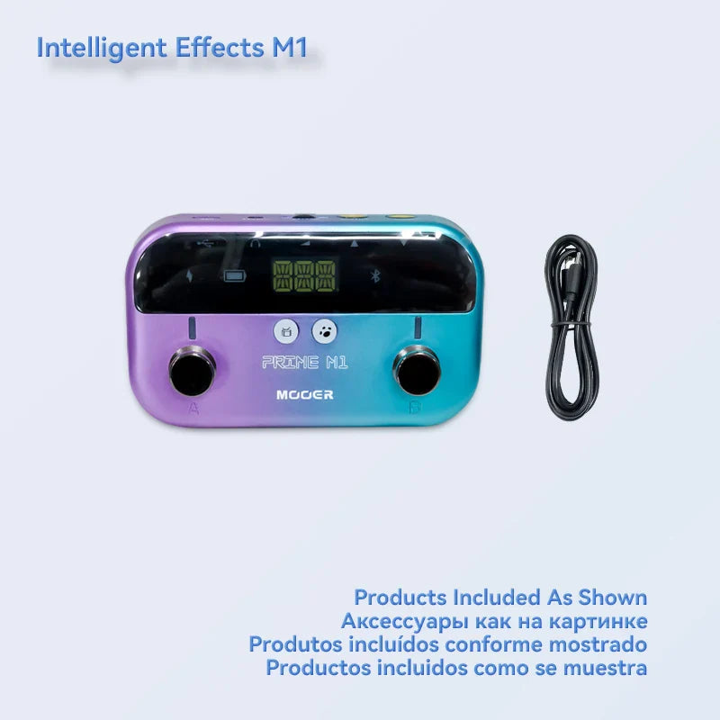The mooer mover intelligent effects m1 guitar pedal features a compact purple to blue design with two knobs and a mono audio jack