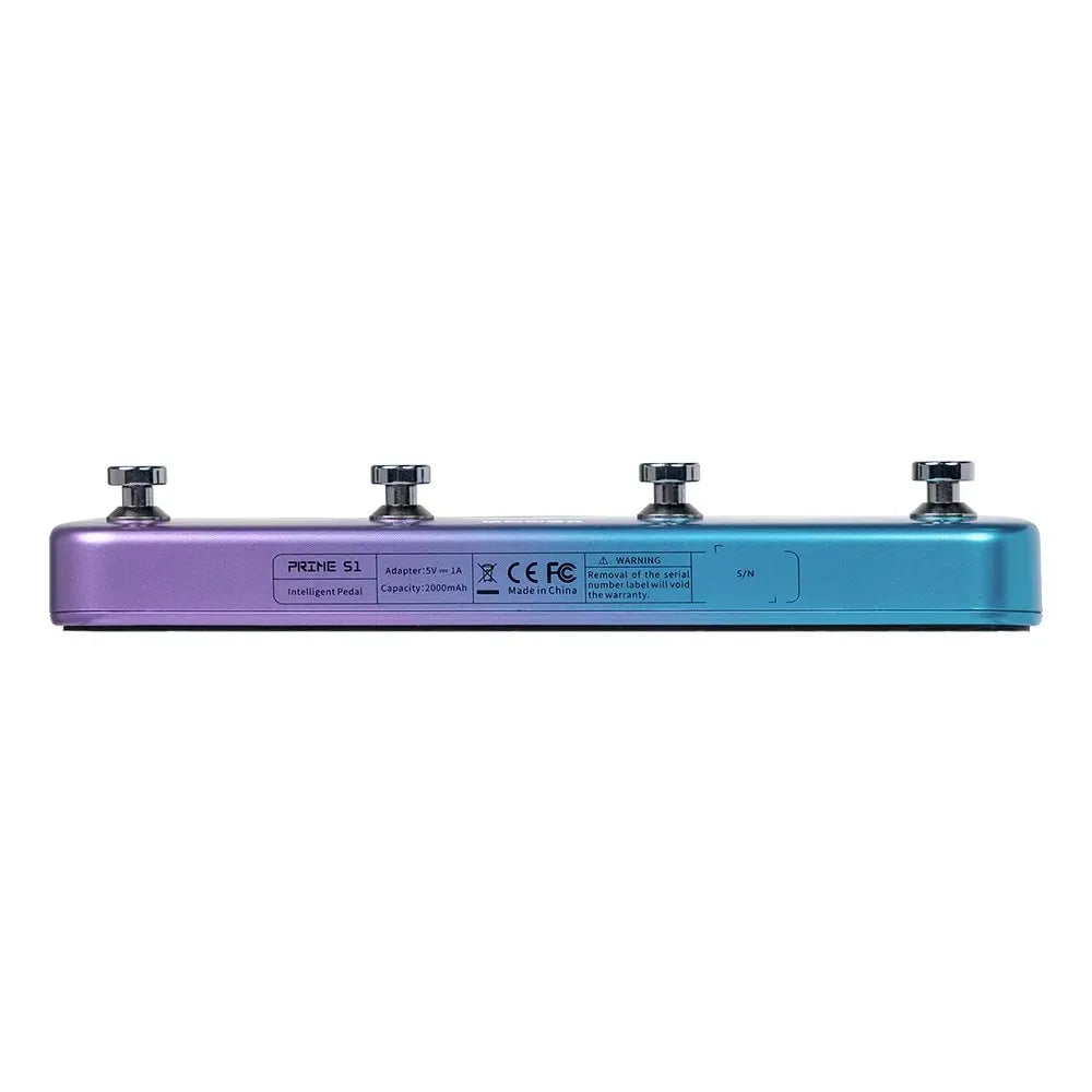 Mooer Guitar Pedal Prime S1 blue and purple gradient metal guitar pedal with four footswitches and mono audio jack