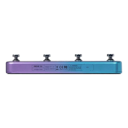 Mooer Guitar Pedal Prime S1 blue and purple gradient metal guitar pedal with four footswitches and mono audio jack