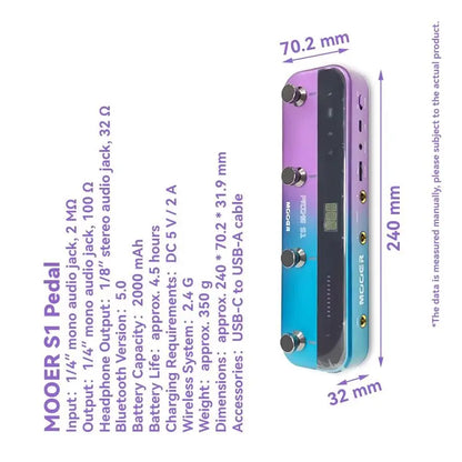 Purple and blue gradient mooer s1 guitar pedal with metallic knobs and mono audio jack for versatile audio connectivity