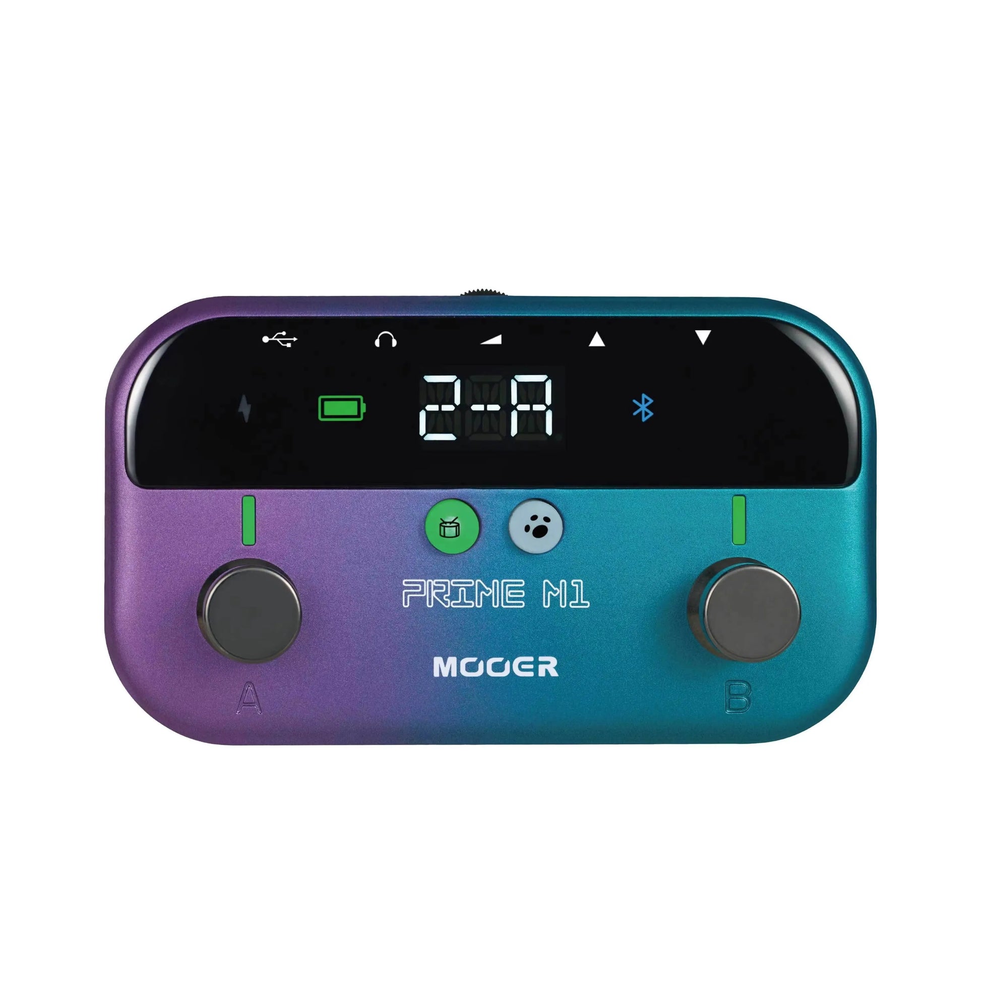 The mooer prime m1 smart guitar pedal features a gradient purple-to-teal design with a digital display and mono audio jack