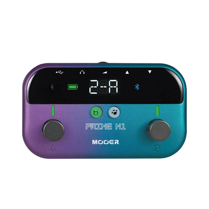 The mooer prime m1 smart guitar pedal features a gradient purple-to-teal design with a digital display and mono audio jack