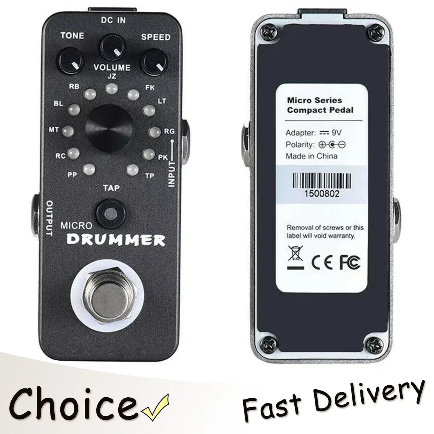 Black mooer micro drummer guitar effect pedal with silver knobs metallic footswitch tap tempo function true bypass