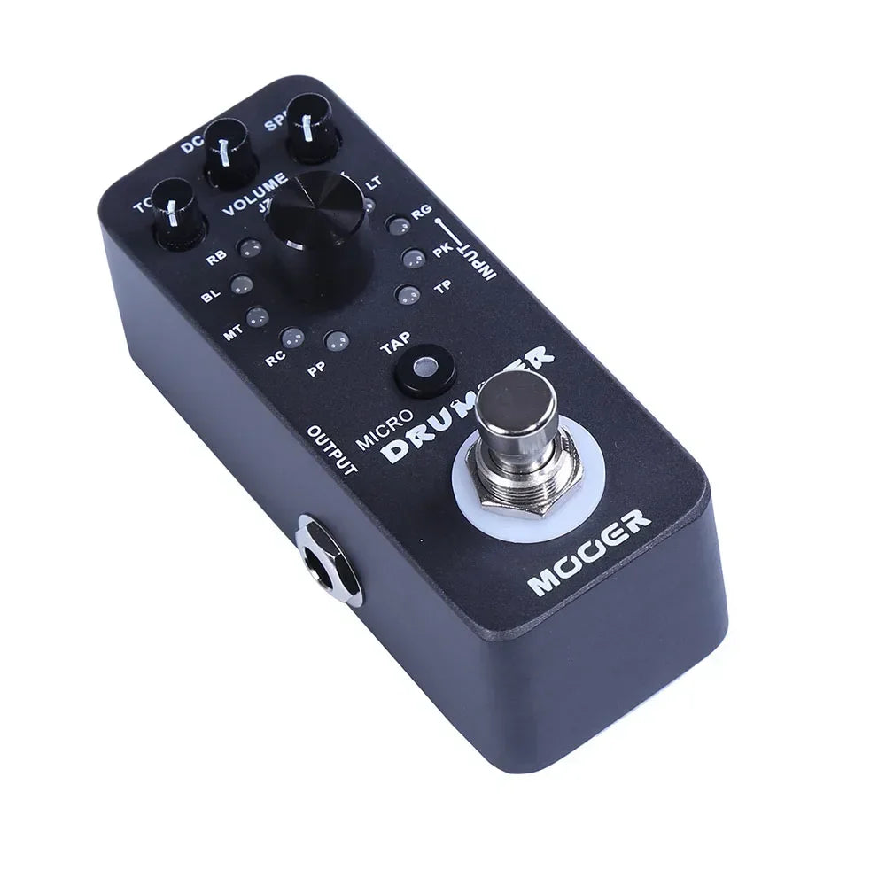 Black mooer micro drummer guitar effects pedal with silver knobs metallic footswitch tap tempo function true bypass