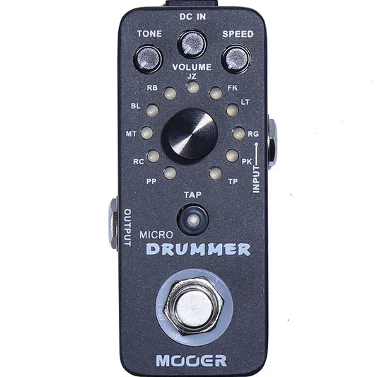 Black Mooer Micro Drummer guitar effects pedal with silver knobs, metallic footswitch, true bypass, and tap tempo function