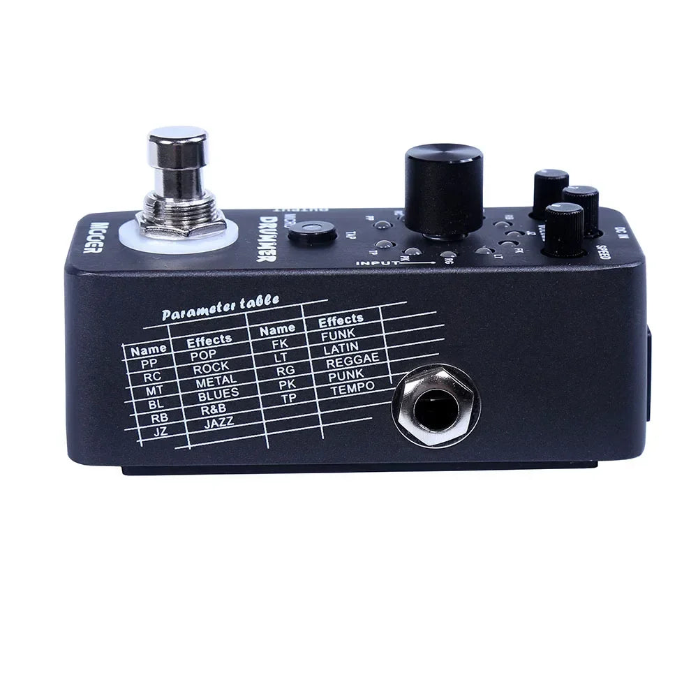 Black rectangular mooer micro drummer guitar effects pedal with silver footswitch, tap tempo function, and true bypass