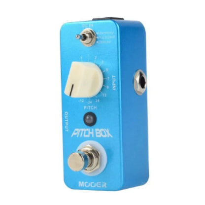 Blue mooer mps1 pitch box compact guitar bass effect pedal with cream pitch knob and silver metal switches for harmony