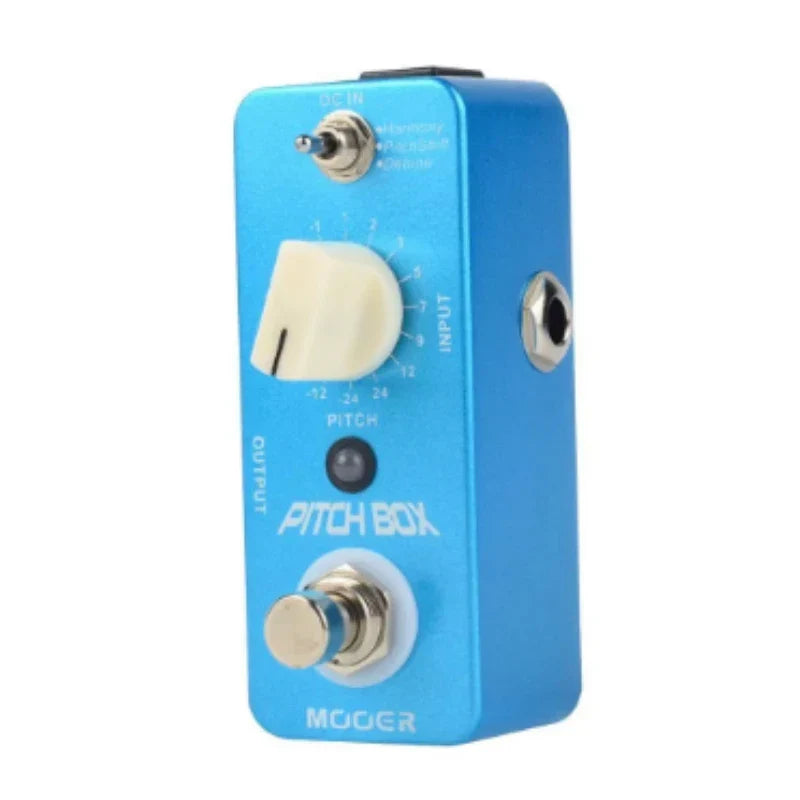 Blue mooer mps1 pitch box compact guitar bass effect pedal with cream pitch knob and silver metal switches for harmony