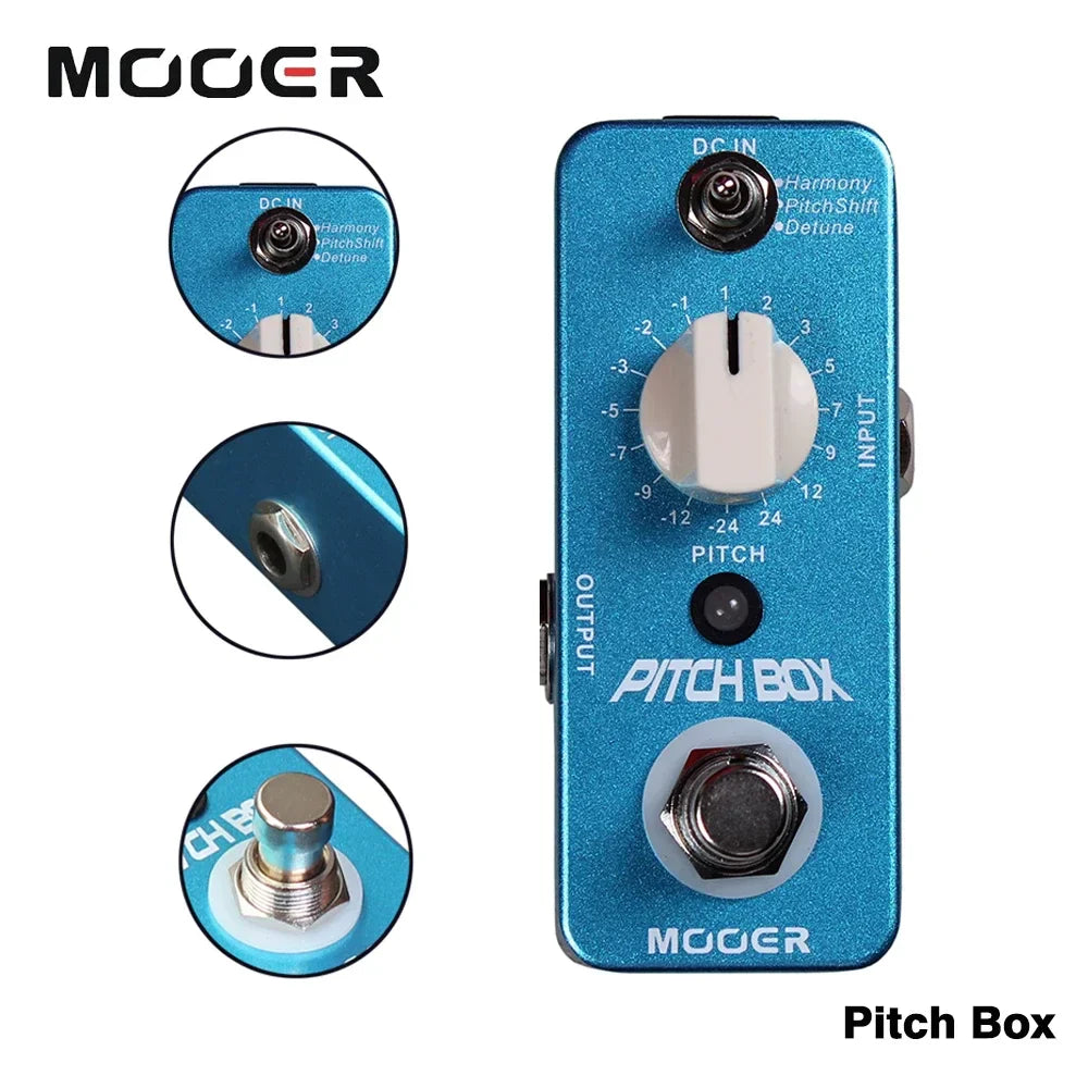 Blue metallic mooer mps1 pitch box polyphonic pitch shifter harmonizer pedal with white knob and silver footswitch